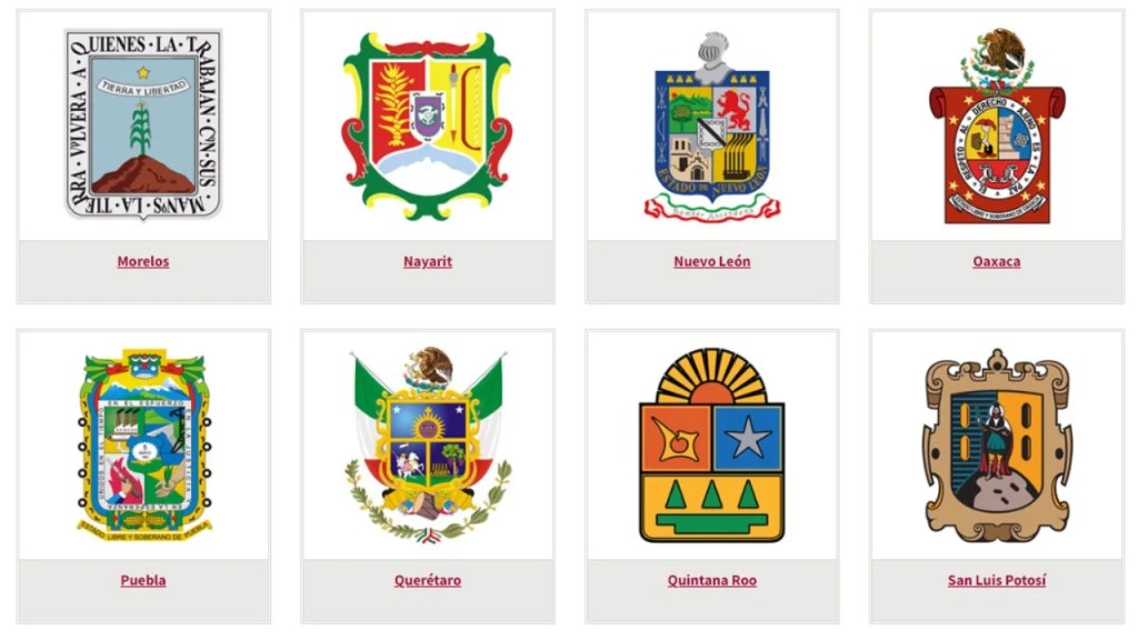 Escudos Morelos, Nayarit, Nuevo León, Oaxaca, Puebla, Querétaro, Quintana Roo, San Luís Potosí