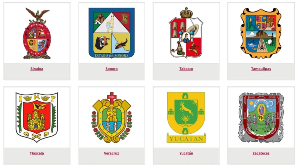 Escudos Sinaloa, Sonora, Tabasco, Tamaulipas, Tlaxcala, Veracruz, Yucatán, Zacatecas