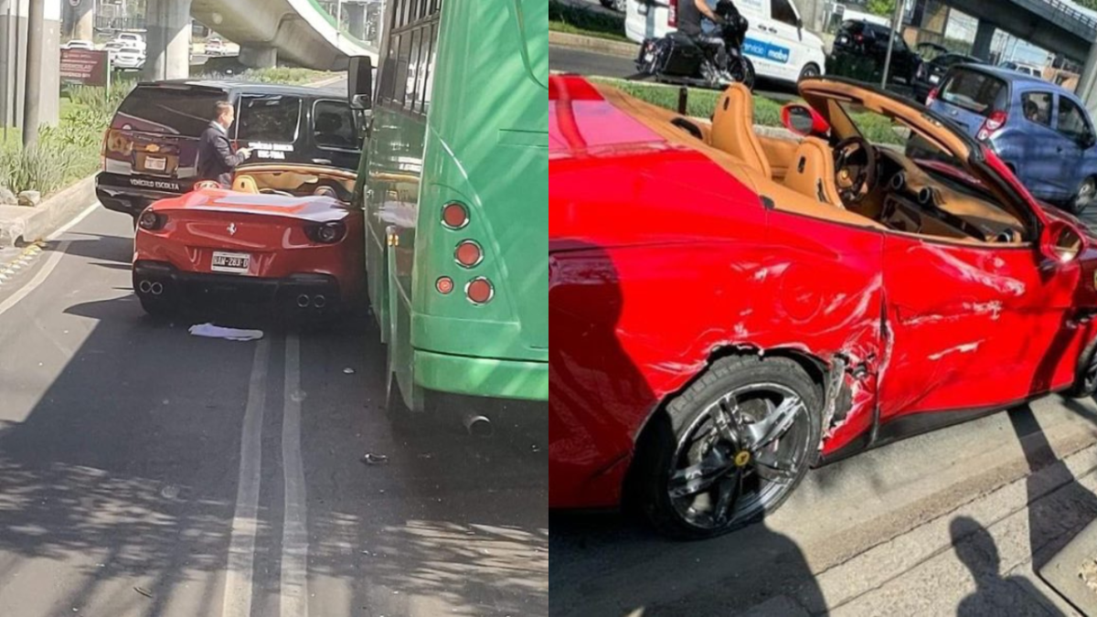 Foto: Especial. Después de la curiosa situación, se desconoce quién se hará cargo de los daños causados al automóvil de lujo y a los golpes del autobús