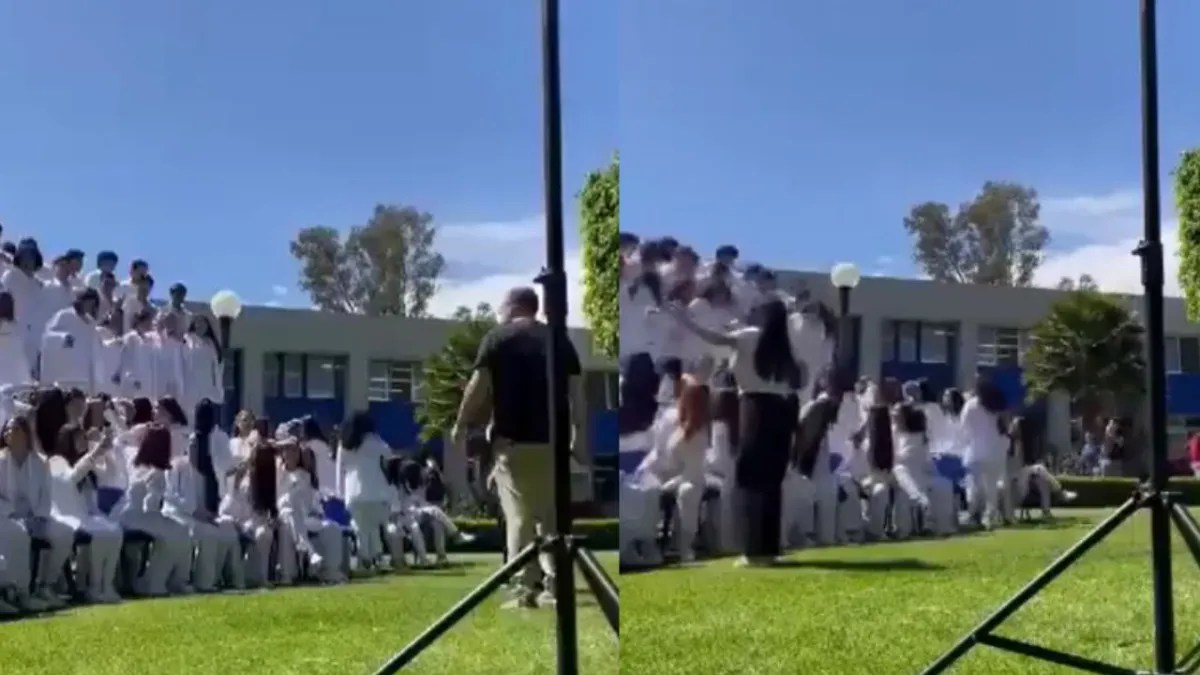 Foto: Captura de video | Alumnos de la UASLP sufrieron un accidente luego de que se desplomara una grada durante su foto de graduación