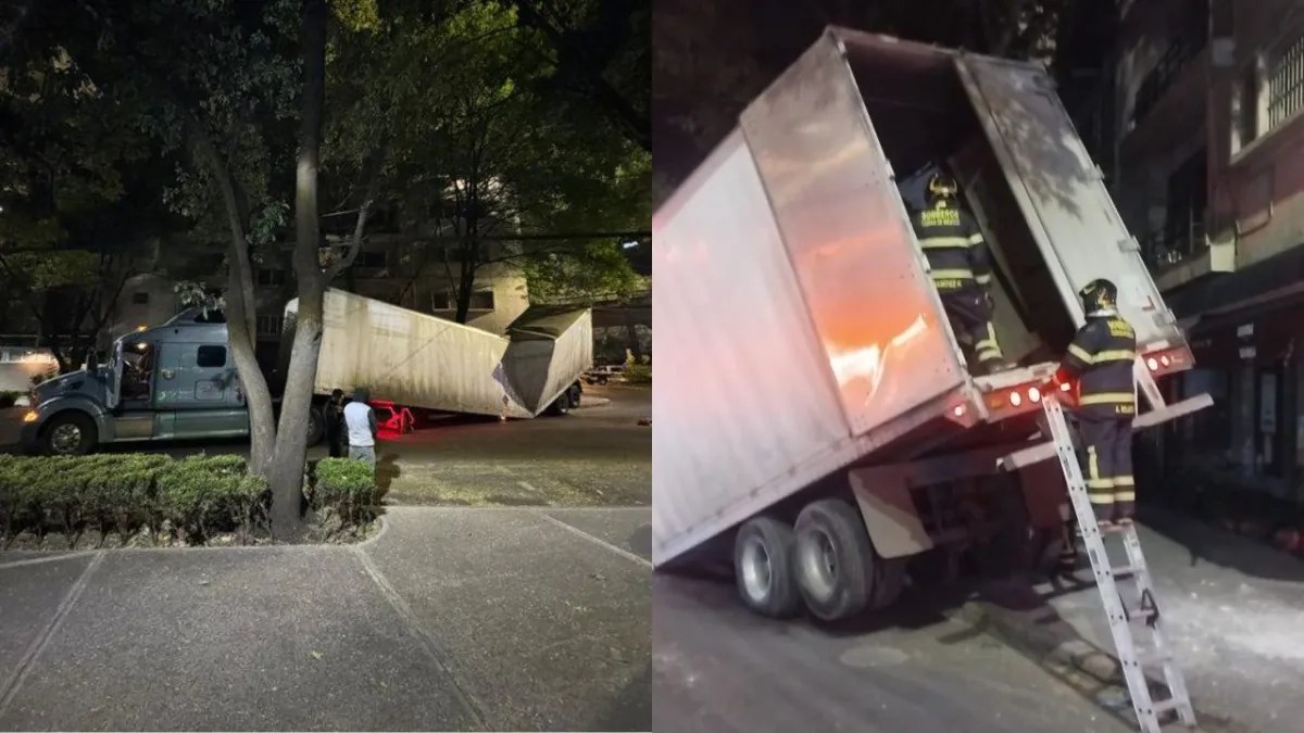 Fotos: @luismiguelbaraa y @Bomberos_CDMX | El tráiler se partió en dos en Avenida Ejercito Nacional e Isaac Newton.